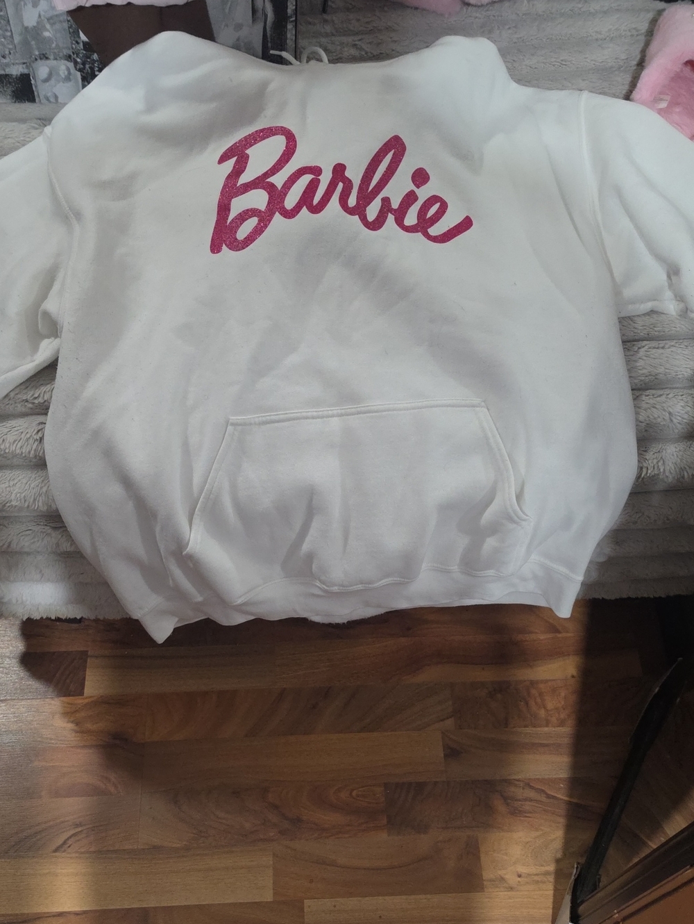 Barbie White Crewneck Sweatshirt with Glitter Pink Logo